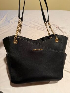 Michael Kors Black Saffiano Leather Tote with Gold Chain Straps